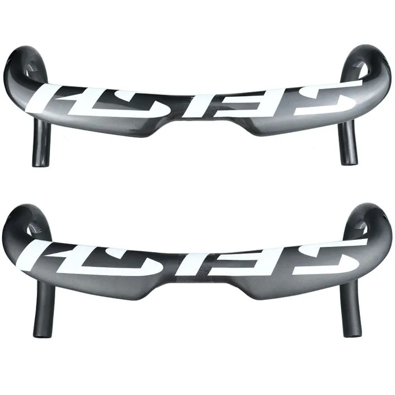 Carbon fibre road bike drop handlebar shown in black, white, or matte white finish, with 31.8mm clamp.