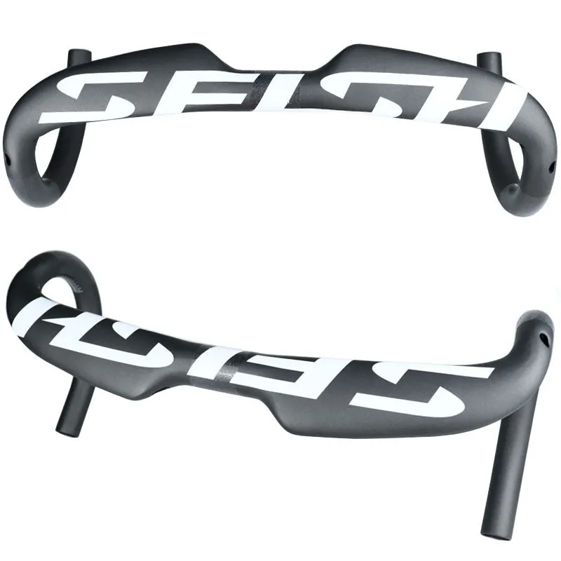 Carbon fibre road bike drop handlebar shown in black, white, or matte white finish, with 31.8mm clamp.