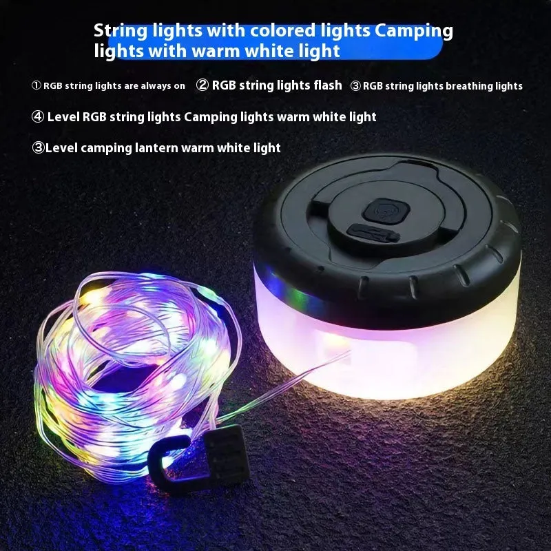 8 metre rechargeable outdoor tent string lights with 30 LED beads in warm white or multicolour modes