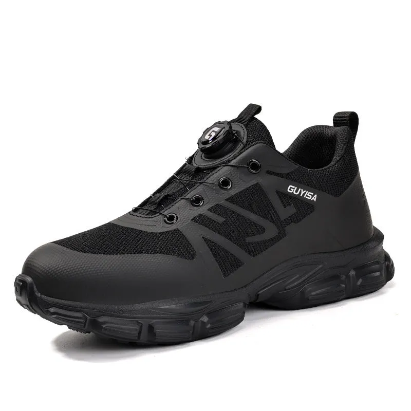 Black lightweight safety shoes with steel toe cap and Kevlar anti-puncture protection