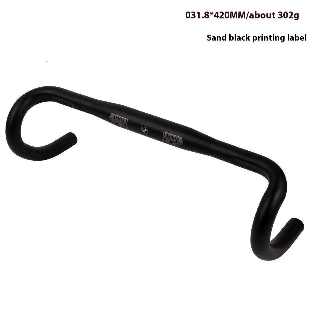 Black aluminium alloy road bike bent handlebar shown with four width size options: 380mm, 400mm, 420mm, and 440mm.