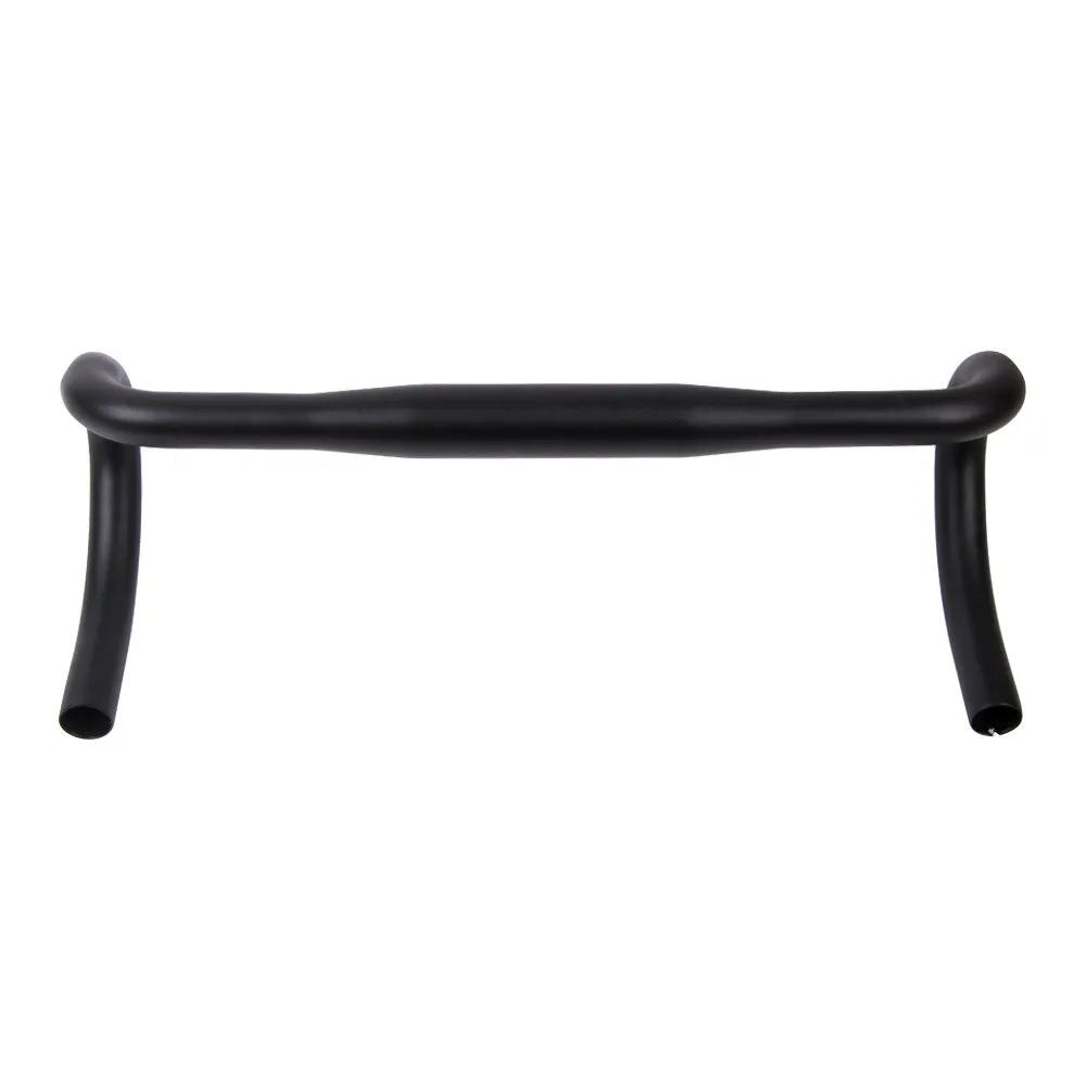 Black aluminium alloy road bike bent handlebar shown with four width size options: 380mm, 400mm, 420mm, and 440mm.