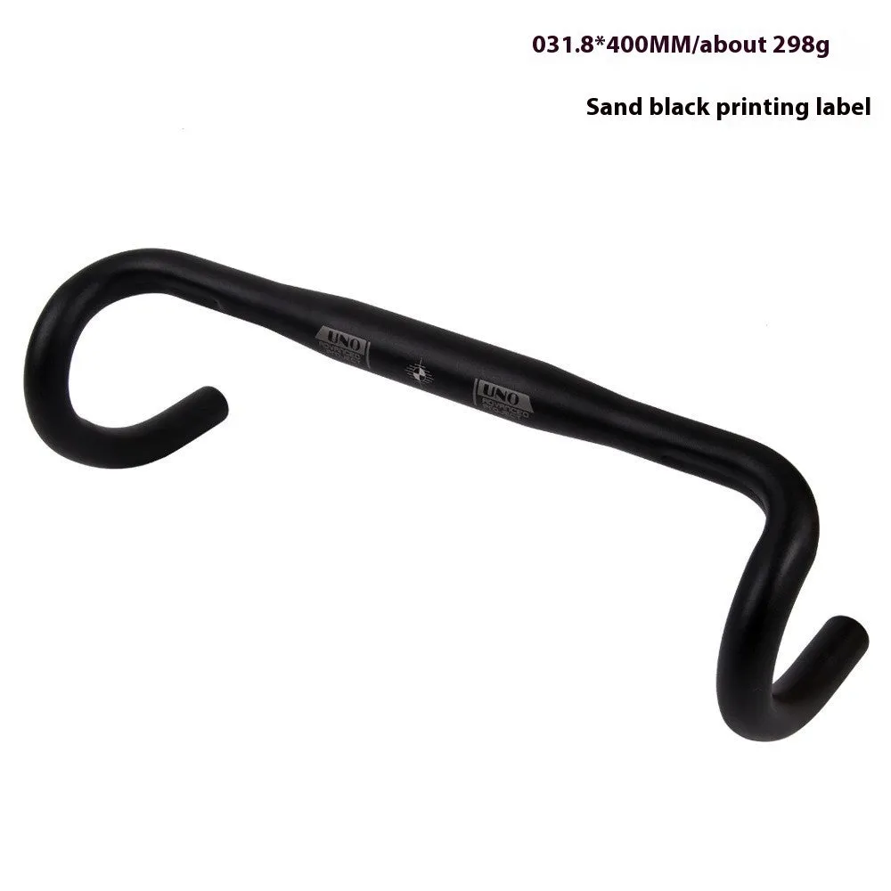 Black aluminium alloy road bike bent handlebar shown with four width size options: 380mm, 400mm, 420mm, and 440mm.