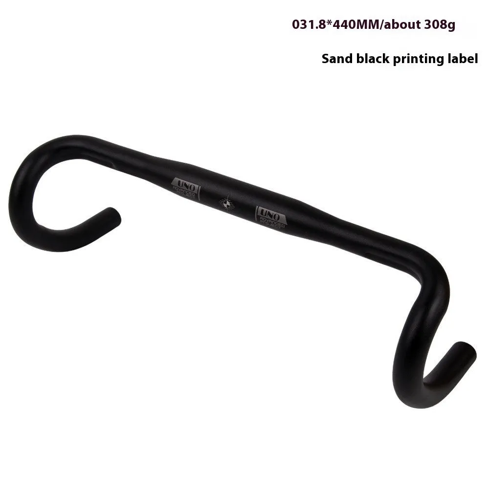 Black aluminium alloy road bike bent handlebar shown with four width size options: 380mm, 400mm, 420mm, and 440mm.
