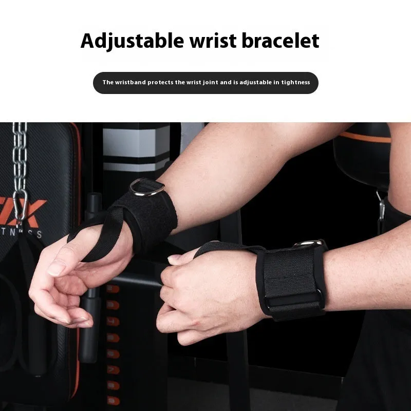 Fitness chest expander elastic belt with red, blue, black, and green resistance sleeves on a grey background.