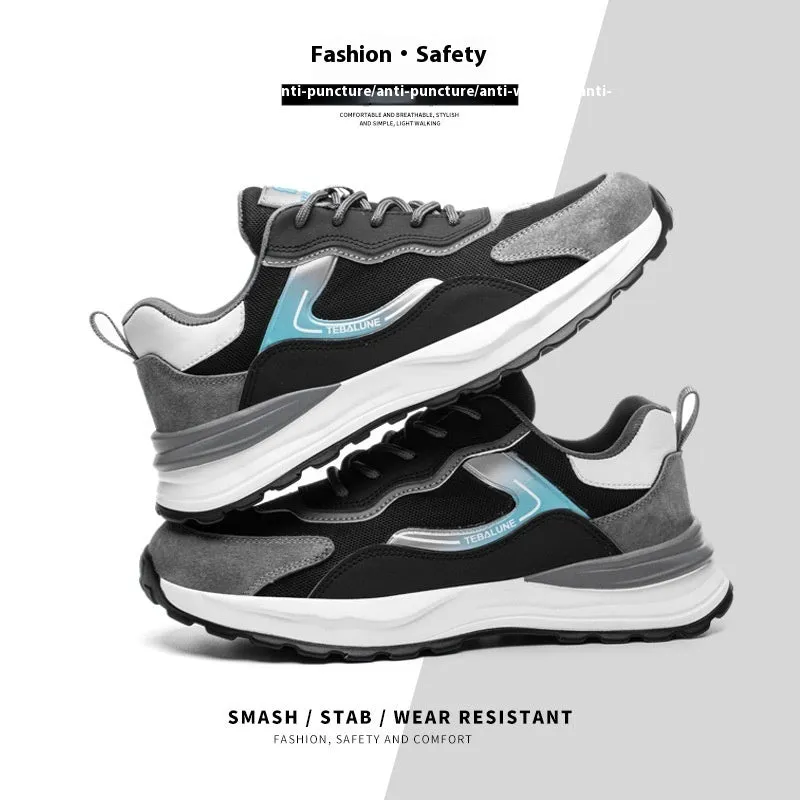 Men's low-top work shoes with suede and mesh upper, plastic steel toe cap, and PU sole.