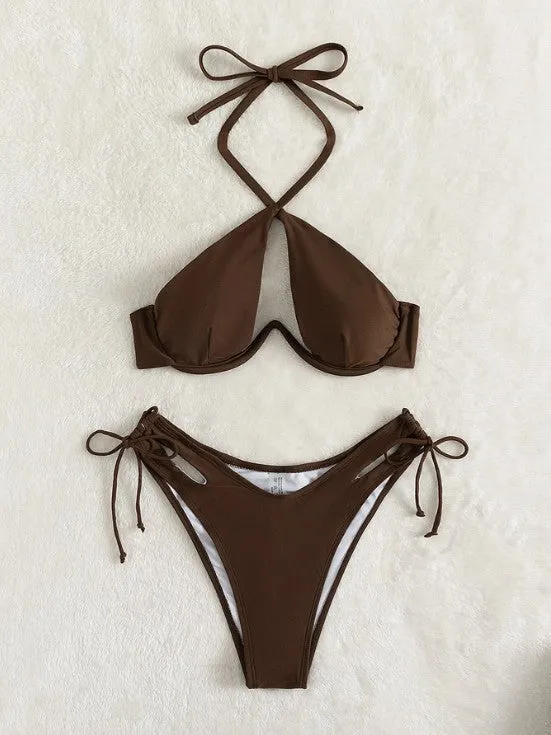 Brown women's halter neck bikini top and briefs-style bottom laid flat.