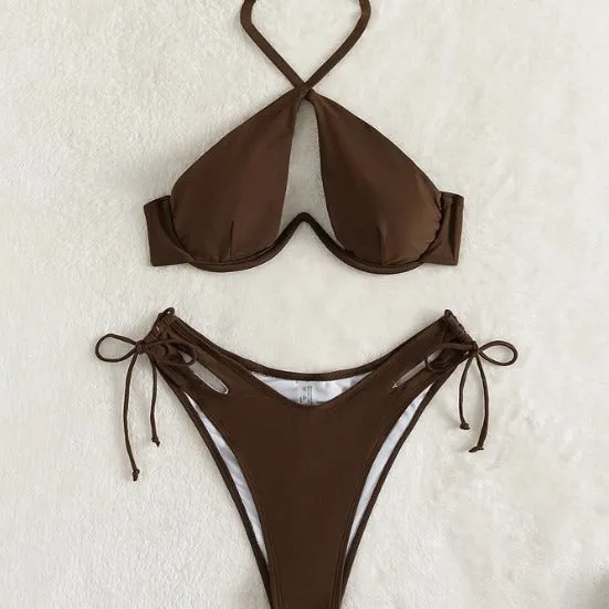 Brown women's halter neck bikini top and briefs-style bottom laid flat.