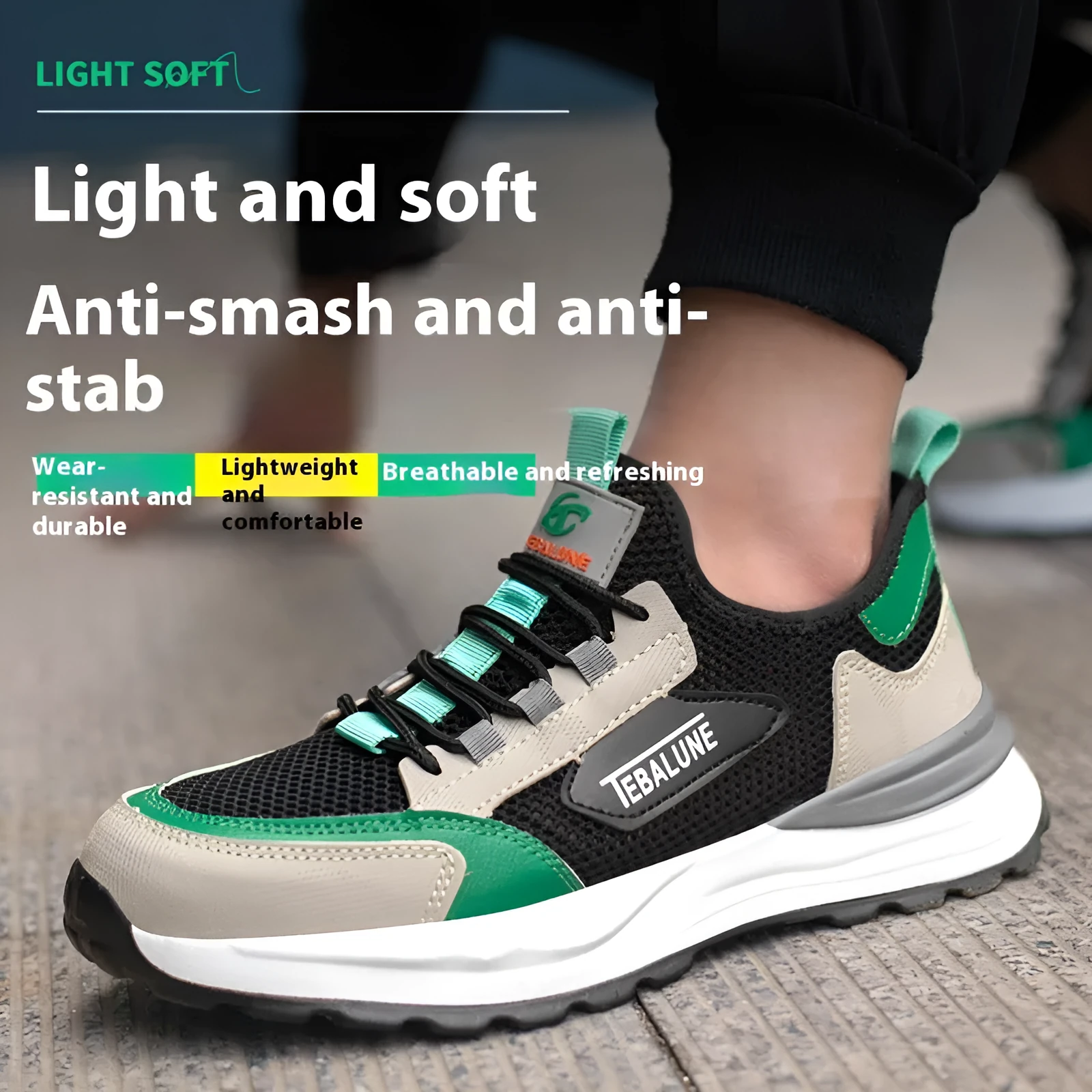 Low-top lightweight safety shoes with plastic steel toe, black green colour, mesh upper, and TPU sole