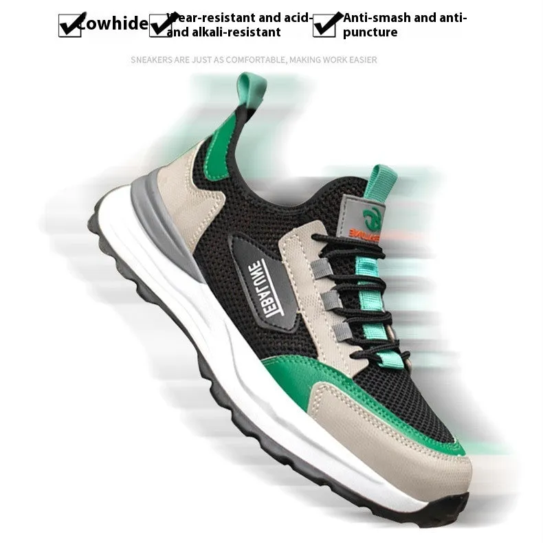 Low-top lightweight safety shoes with plastic steel toe, black green colour, mesh upper, and TPU sole
