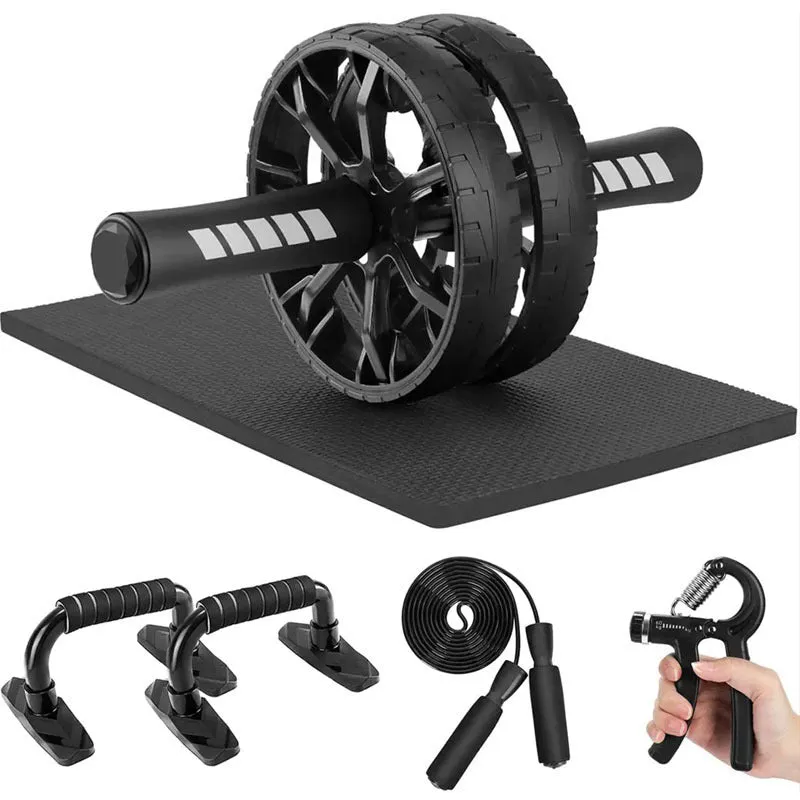 Indoor push-up bracket set with abdominal wheels in red, green, black, and blue colour options