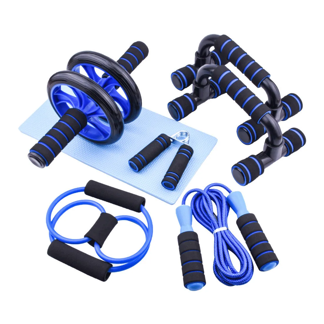Indoor push-up bracket set with abdominal wheels in red, green, black, and blue colour options