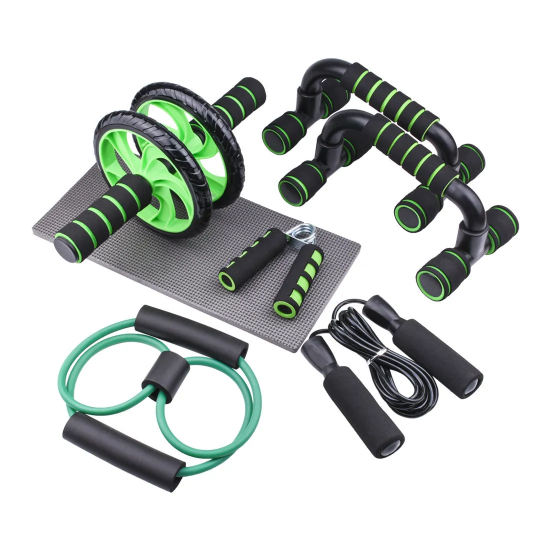 Indoor push-up bracket set with abdominal wheels in red, green, black, and blue colour options