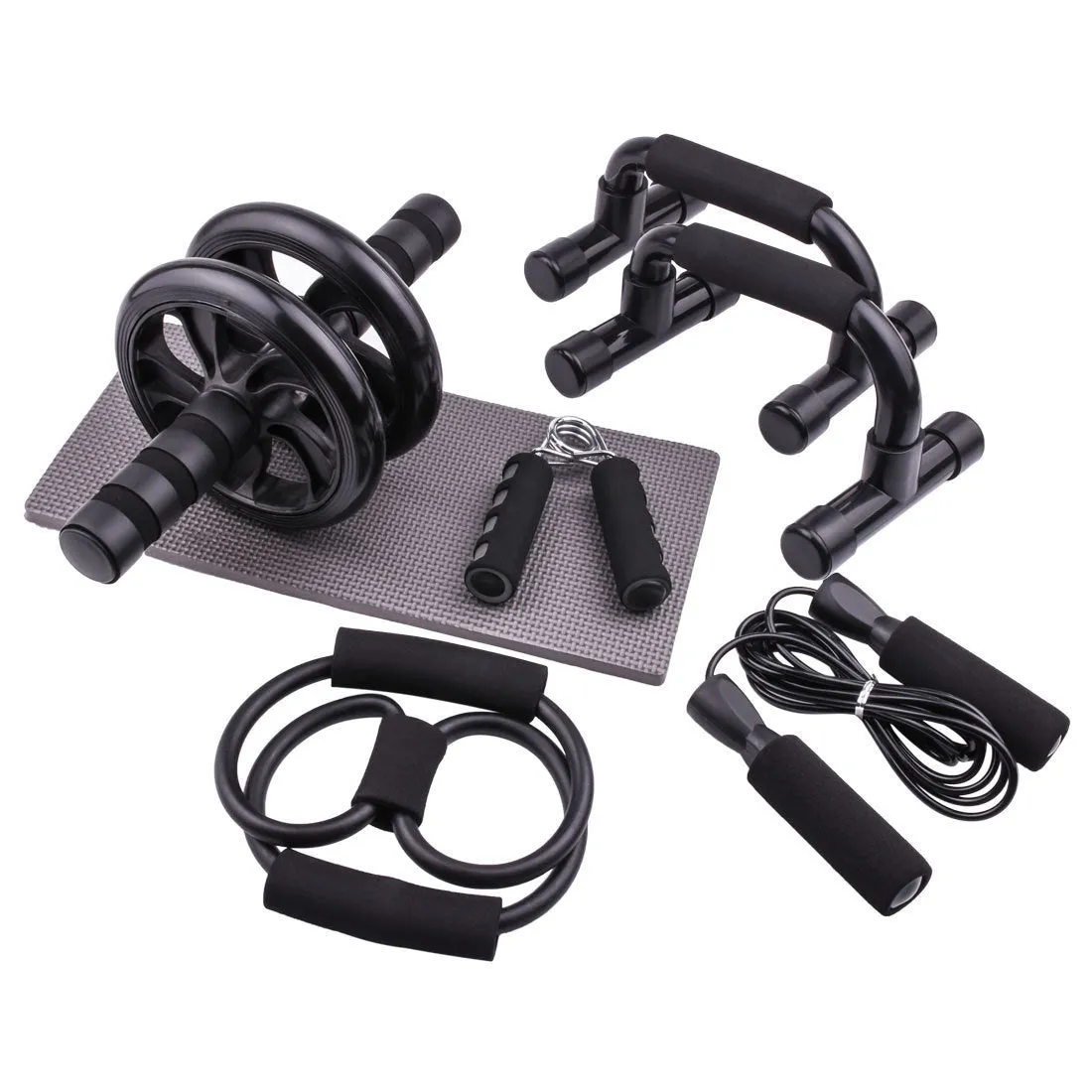 Indoor push-up bracket set with abdominal wheels in red, green, black, and blue colour options