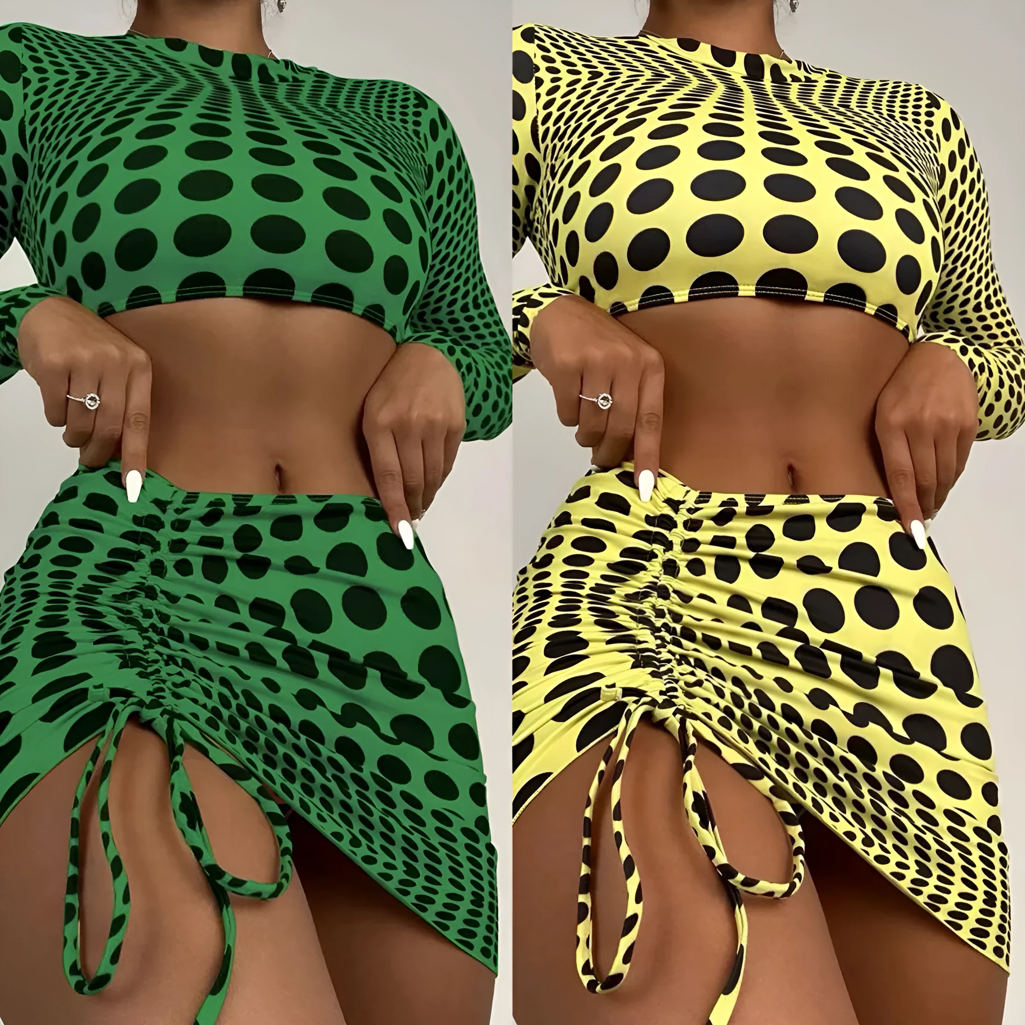 Women's green polka dot three-piece swimsuit set showing top, skirt and bra