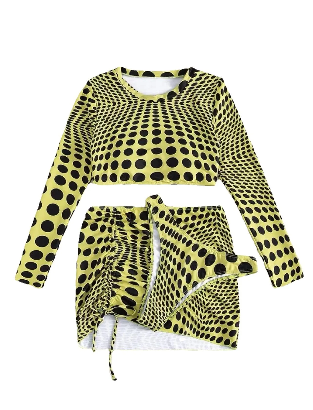 Women's green polka dot three-piece swimsuit set showing top, skirt and bra