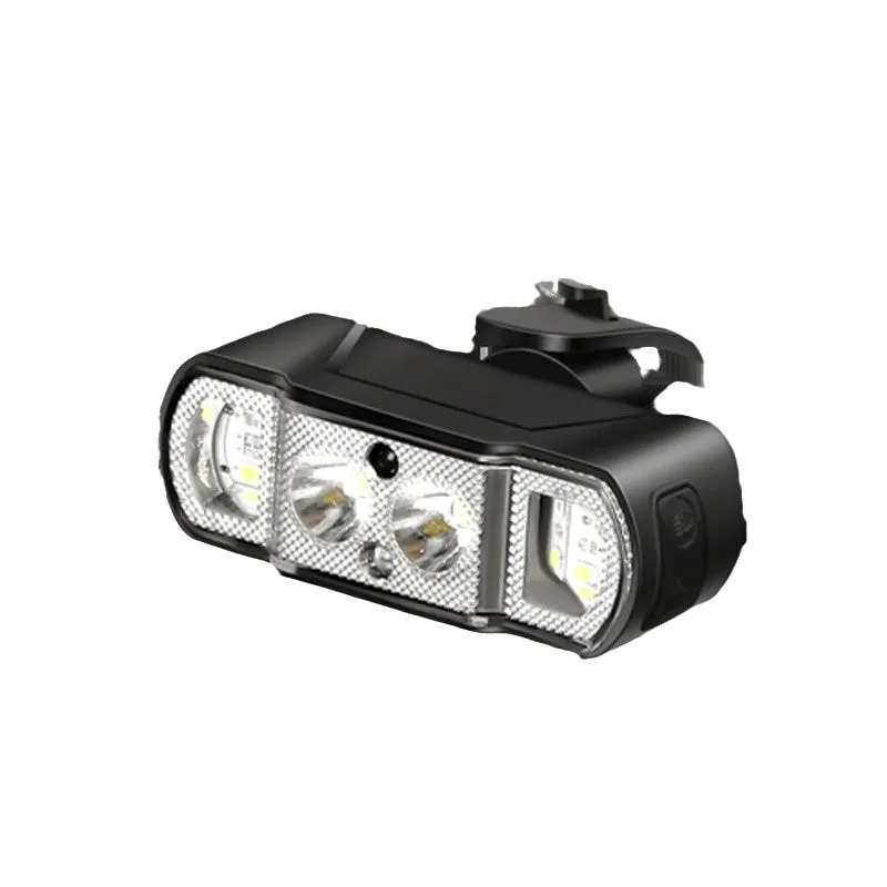 Black bicycle headlight with 350 lumen LED and removable 18650 battery mounted on handlebars
