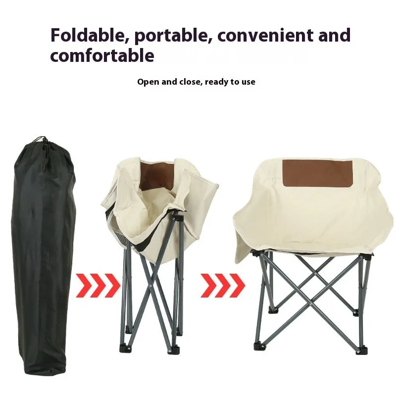 Beige portable folding chair with steel frame and Oxford cloth seat, unfolded for outdoor use.