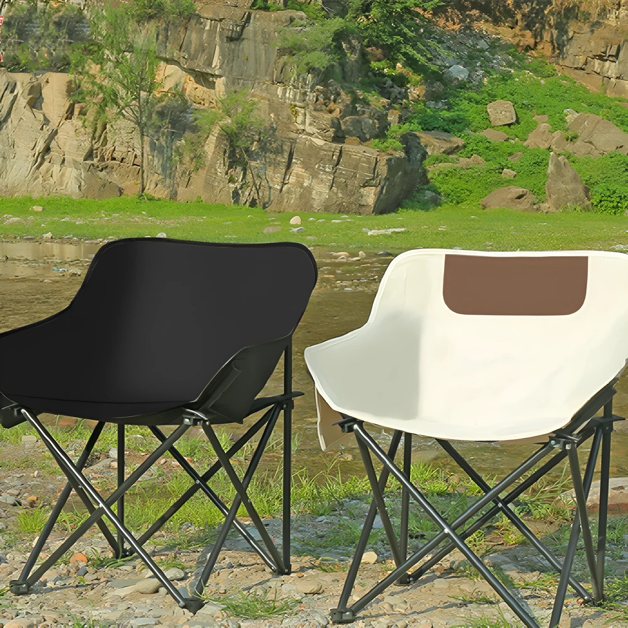 Beige portable folding chair with steel frame and Oxford cloth seat, unfolded for outdoor use.