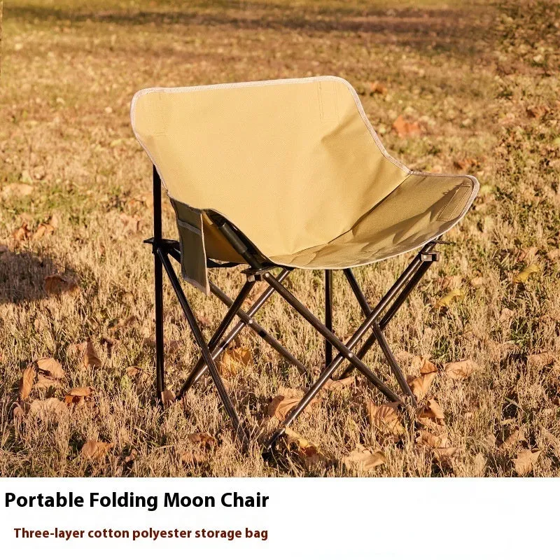 Beige portable folding chair with steel frame and Oxford cloth seat, unfolded for outdoor use.