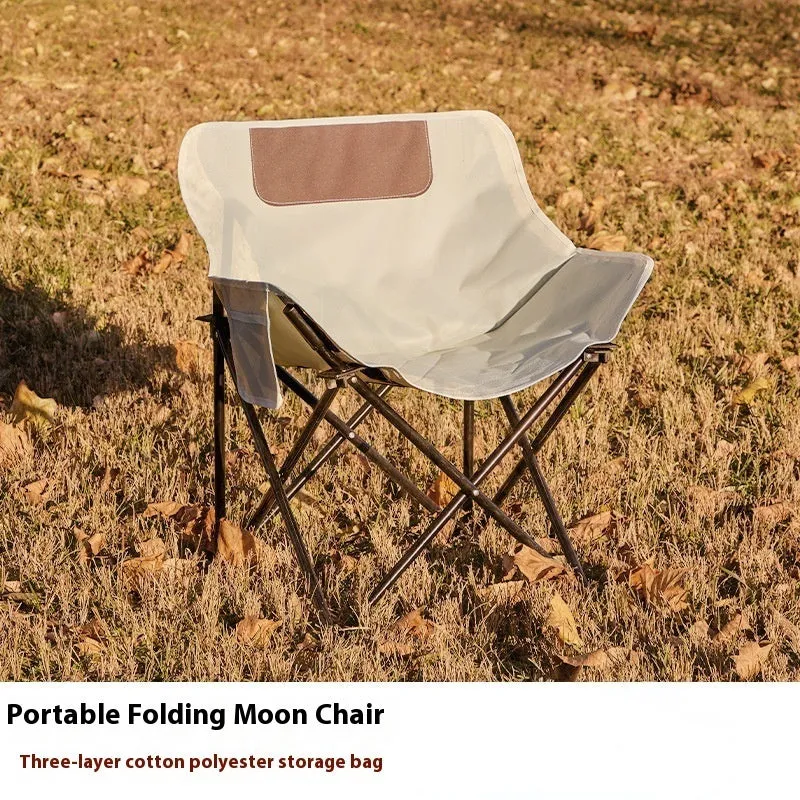 Beige portable folding chair with steel frame and Oxford cloth seat, unfolded for outdoor use.