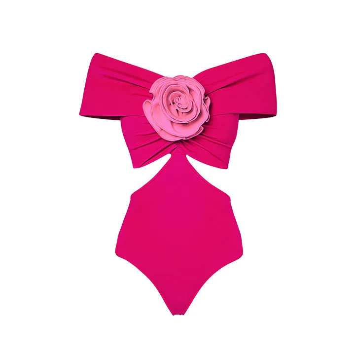 Women's floral hollow-out one-piece swimsuit with a separate matching blue skirt on a mannequin.