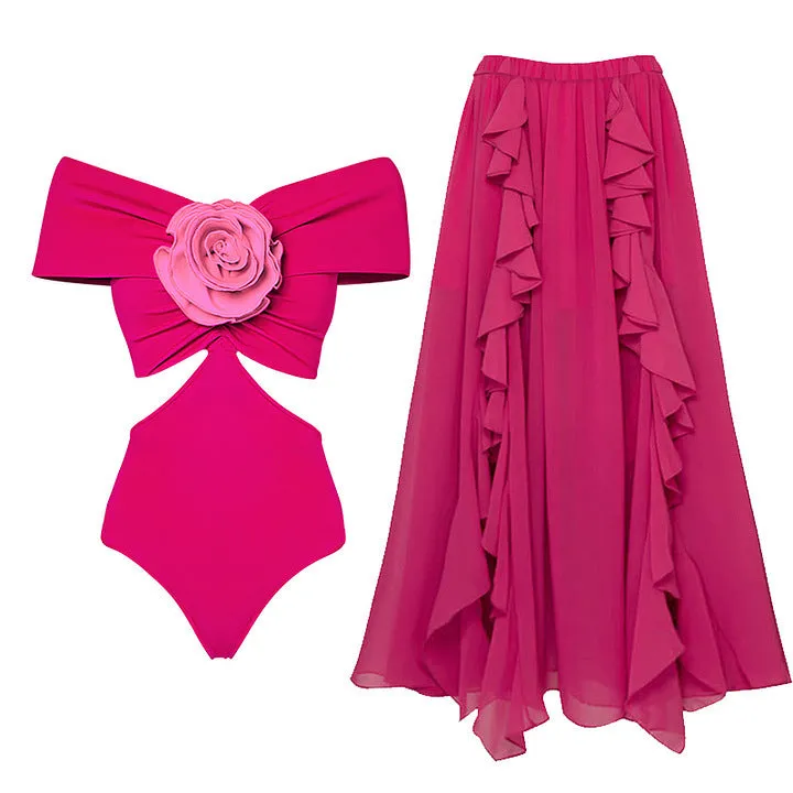 Women's floral hollow-out one-piece swimsuit with a separate matching blue skirt on a mannequin.
