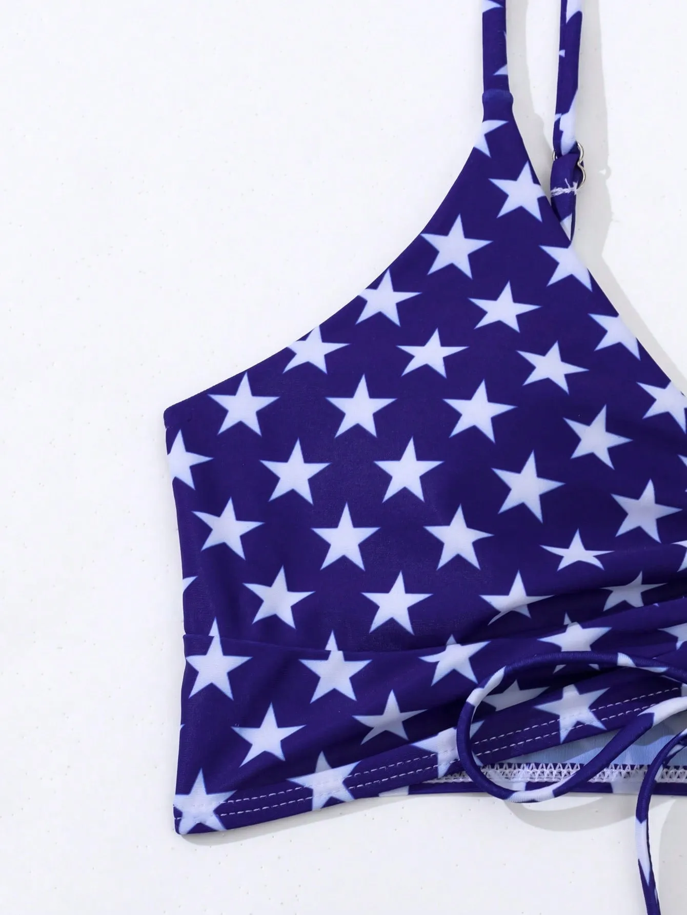 Women's high waist boxer brief swimsuit with drawstring in red, white, and blue stars and stripes pattern