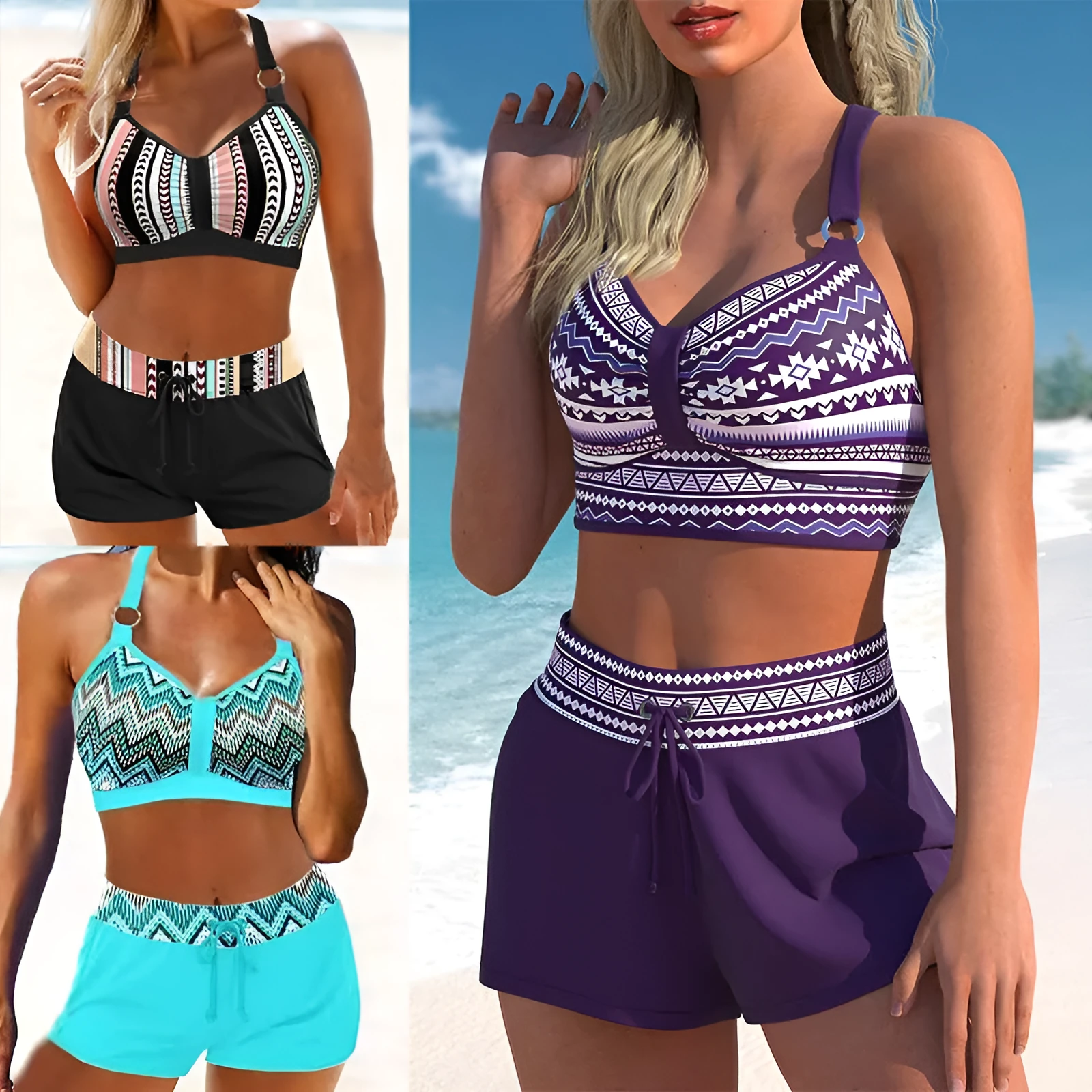 Women's printed two-piece polyester bikini swimsuit on a white background.