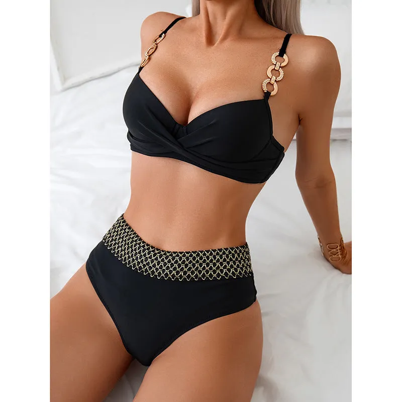 Black two-piece bikini swimsuit with split briefs style and sleeveless top