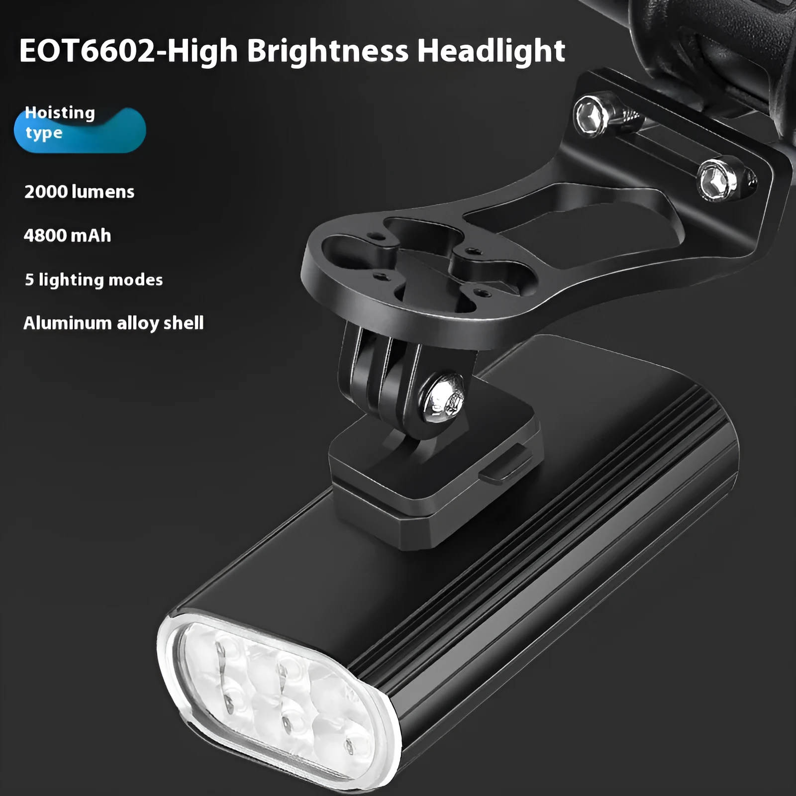 Aluminium alloy bicycle headlight showing front lens with six XPT beads and a USB Type-C charging port on the side.