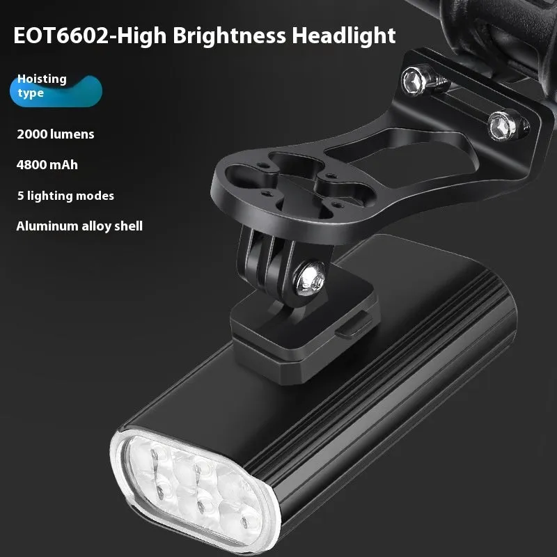 Aluminium alloy bicycle headlight showing front lens with six XPT beads and a USB Type-C charging port on the side.
