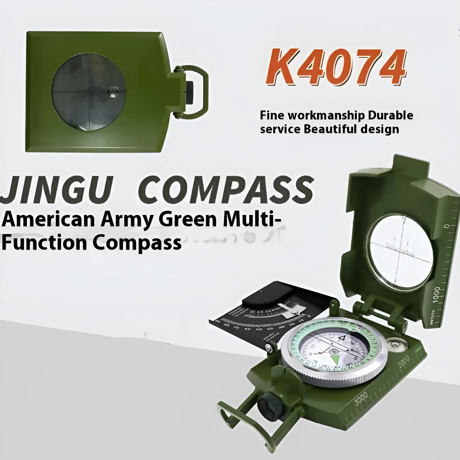 K4074 high-precision professional metal outdoor compass with hanging rope and ring.