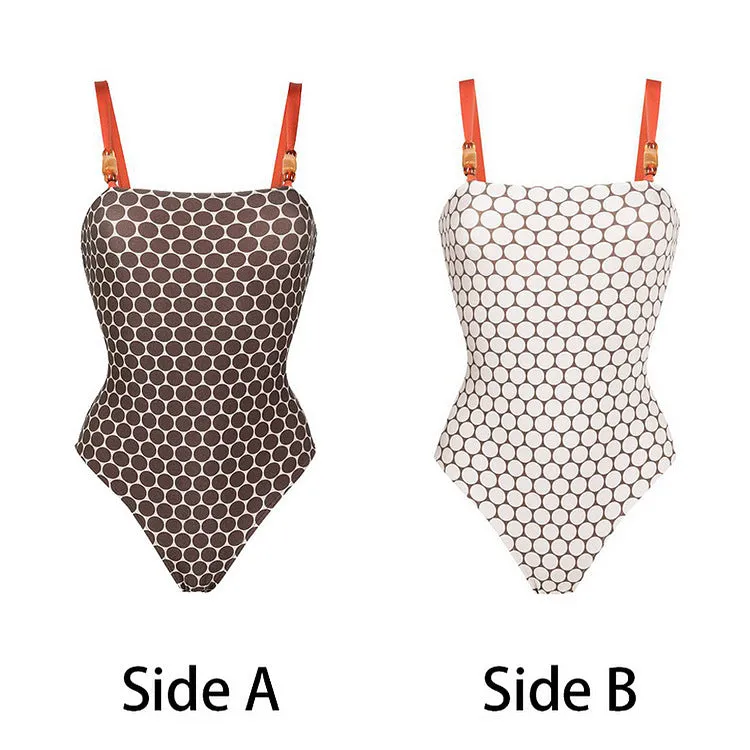 Women's printed dot pattern one-piece swimsuit with matching wrap skirt