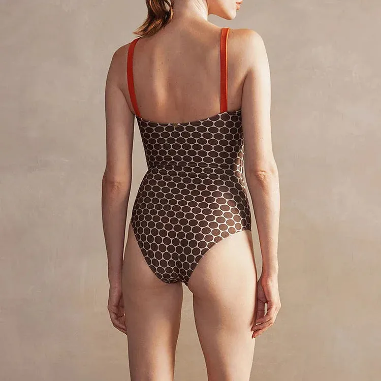 Women's printed dot pattern one-piece swimsuit with matching wrap skirt