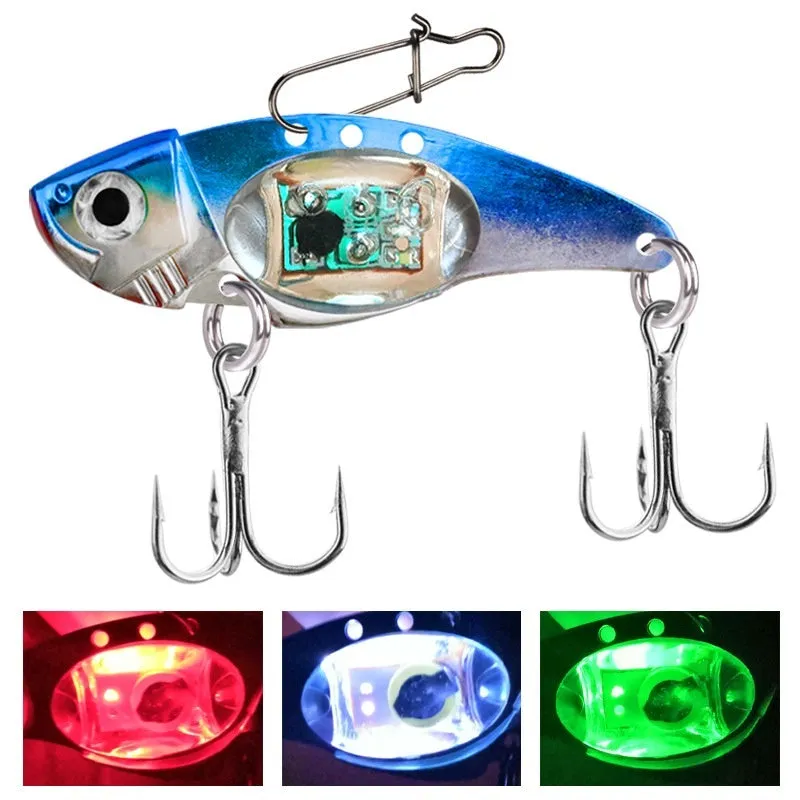 Electronic luminous metal vib fishing lure showing blue body and red body colour options