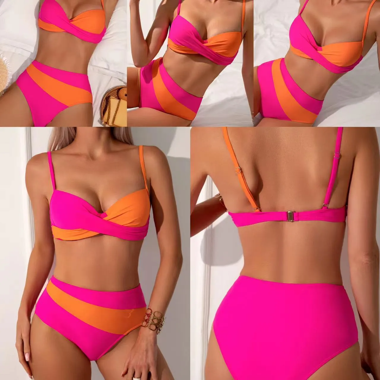 Women's orange split bikini with steel bracket construction showing bra and underwear components