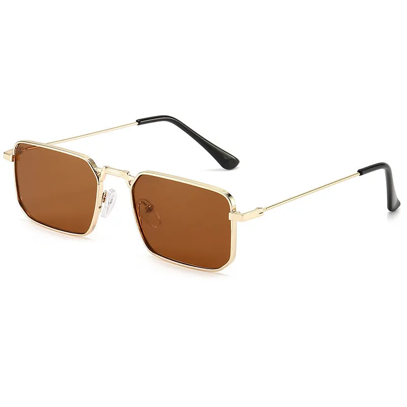 Square-shaped steampunk sunglasses for men with gold frame and grey lenses on a plain background