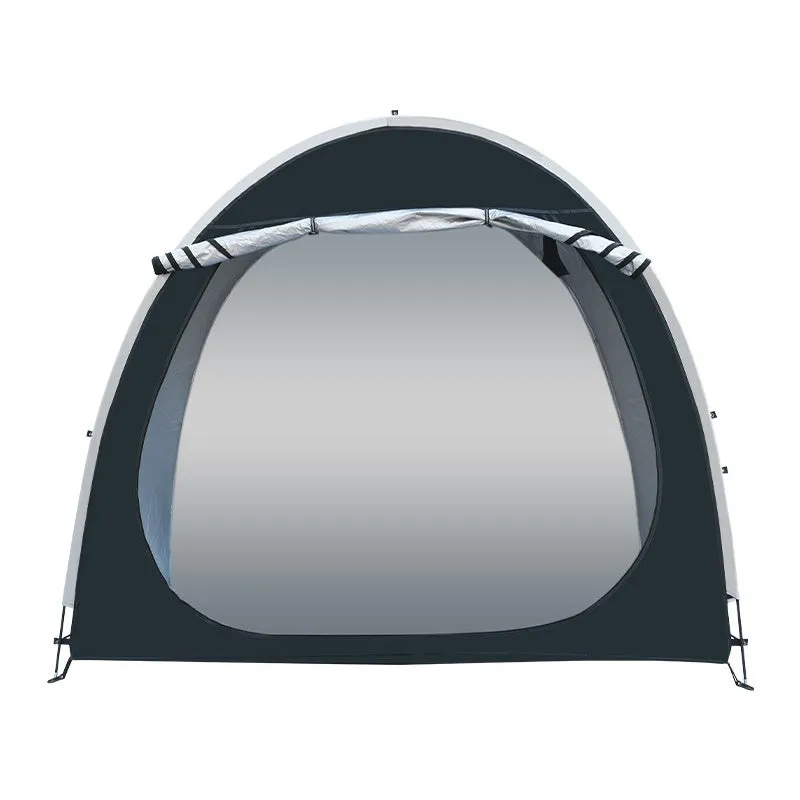 Large black outdoor bicycle storage tent with roof design, shown with dimensions 185x65x165cm.