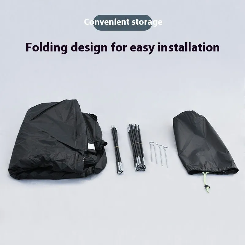 Large black outdoor bicycle storage tent with roof design, shown with dimensions 185x65x165cm.
