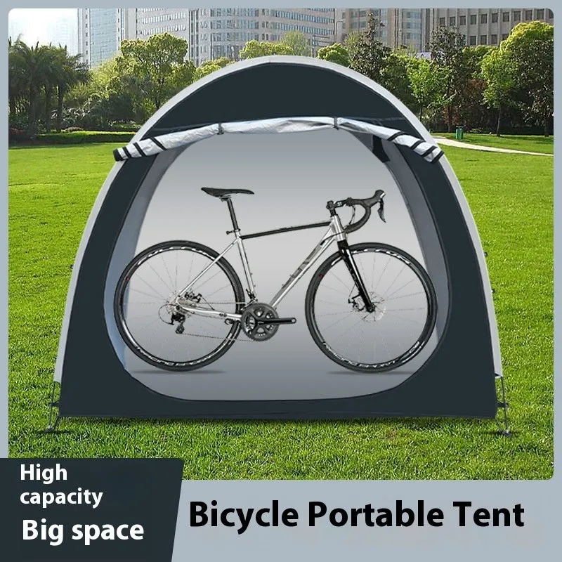 Large black outdoor bicycle storage tent with roof design, shown with dimensions 185x65x165cm.