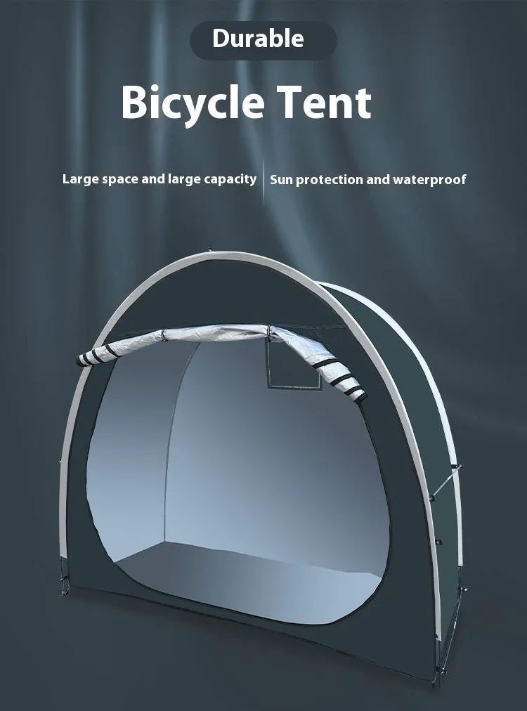 Large black outdoor bicycle storage tent with roof design, shown with dimensions 185x65x165cm.