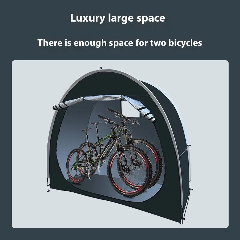 Large black outdoor bicycle storage tent with roof design, shown with dimensions 185x65x165cm.
