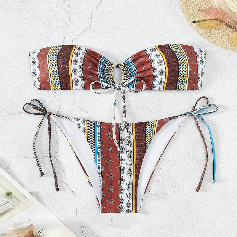 Women's mixed colour printed swimsuit with lace-up front detail, showing sleeveless top and bottom.