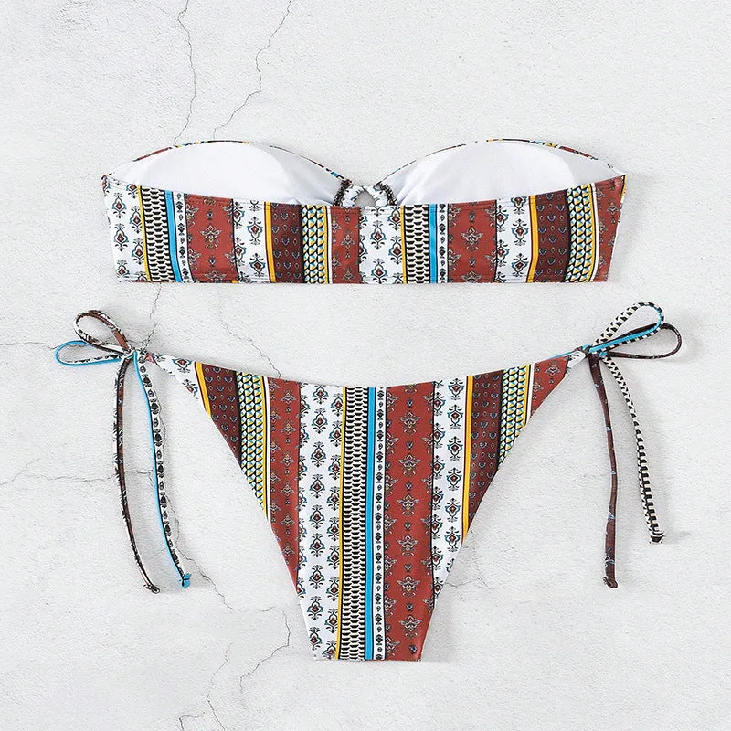 Women's mixed colour printed swimsuit with lace-up front detail, showing sleeveless top and bottom.