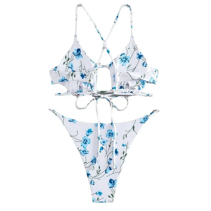 Women's floral swimsuit set with tie-neck triangle top and matching shorts