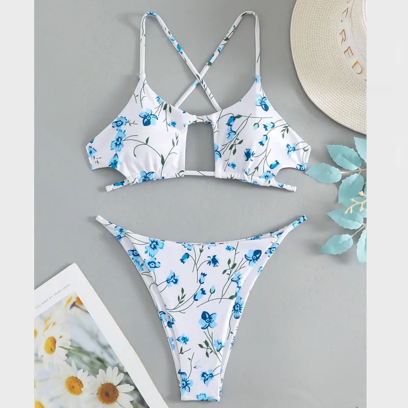 Women's floral swimsuit set with tie-neck triangle top and matching shorts