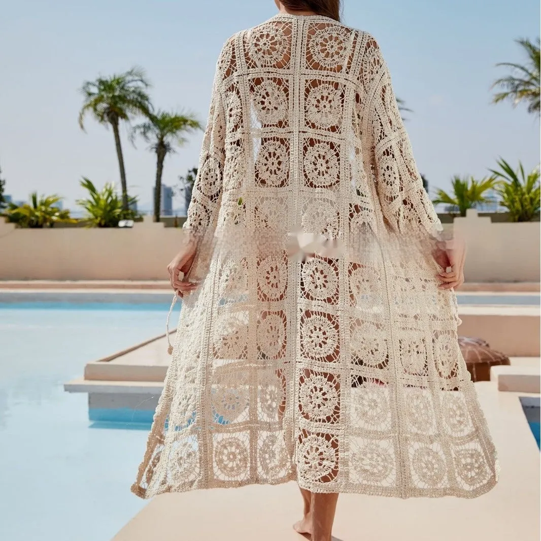 Apricot cotton embroidered beach cover-up shirt with long sleeves