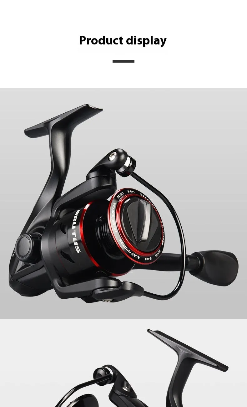 All-metal spinning fishing reel shown in 2000, 3000, 4000, and 5000 series sizes for telescopic rod fishing.
