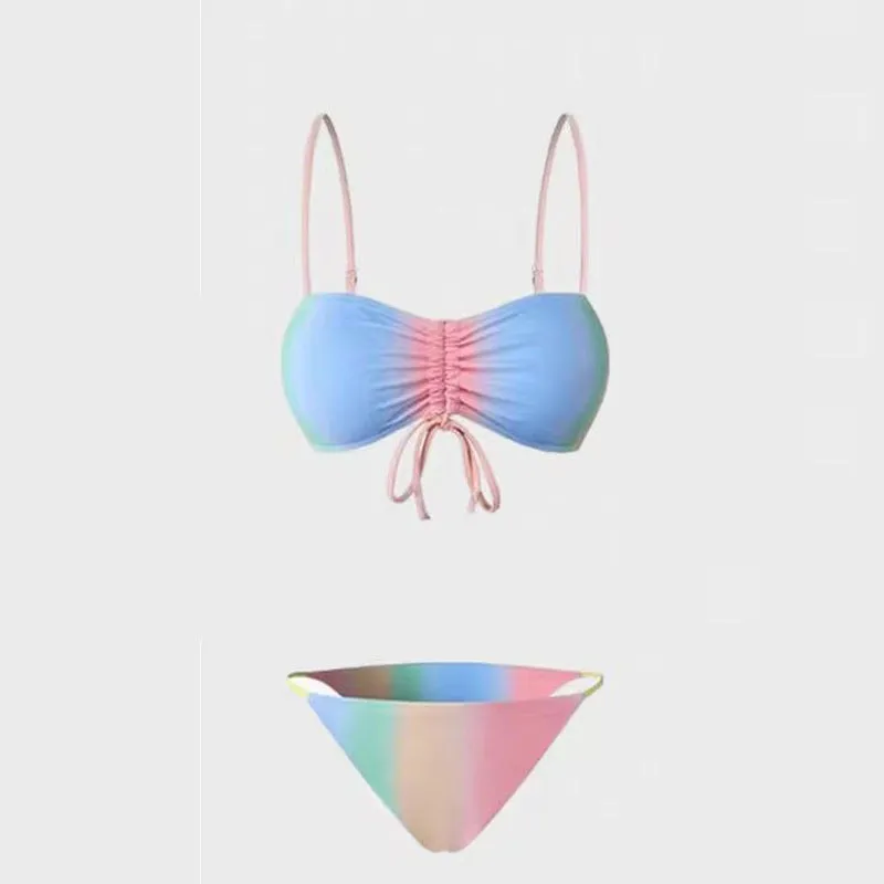 Women's lace-up triangle bikini swimsuit set with matching bottoms in colour matching option